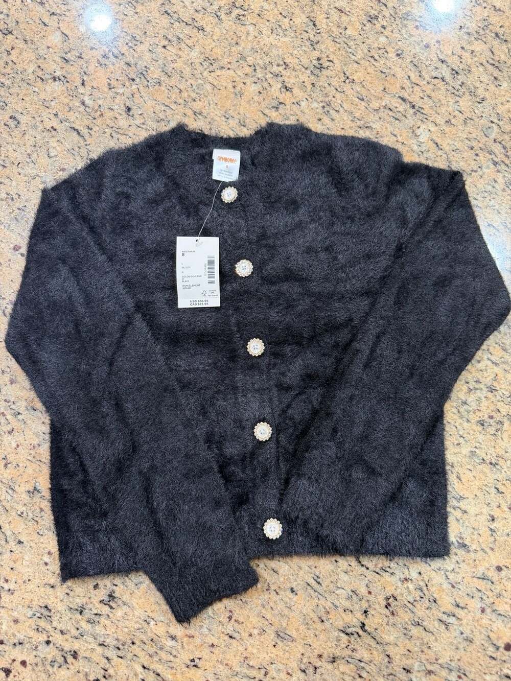 Gymboreee Black Fuzzy Cardigan Sweater with Pearl Rhinestone Buttons Size 8
